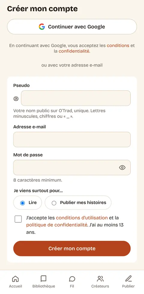 La page « Créer mon compte »